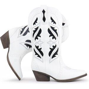 Hawkwell Women's White Western Rodeo Cowgirl Embroidered Pointed Toe Boots